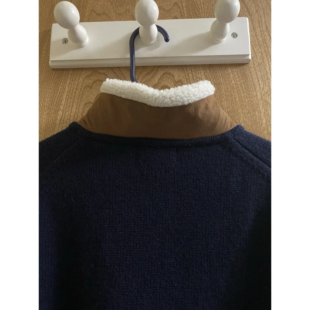 Orvis Men's Navy Blue Lambs Wool Pullover Sweater  Suede Sherpa Collar 1/4 Zip M